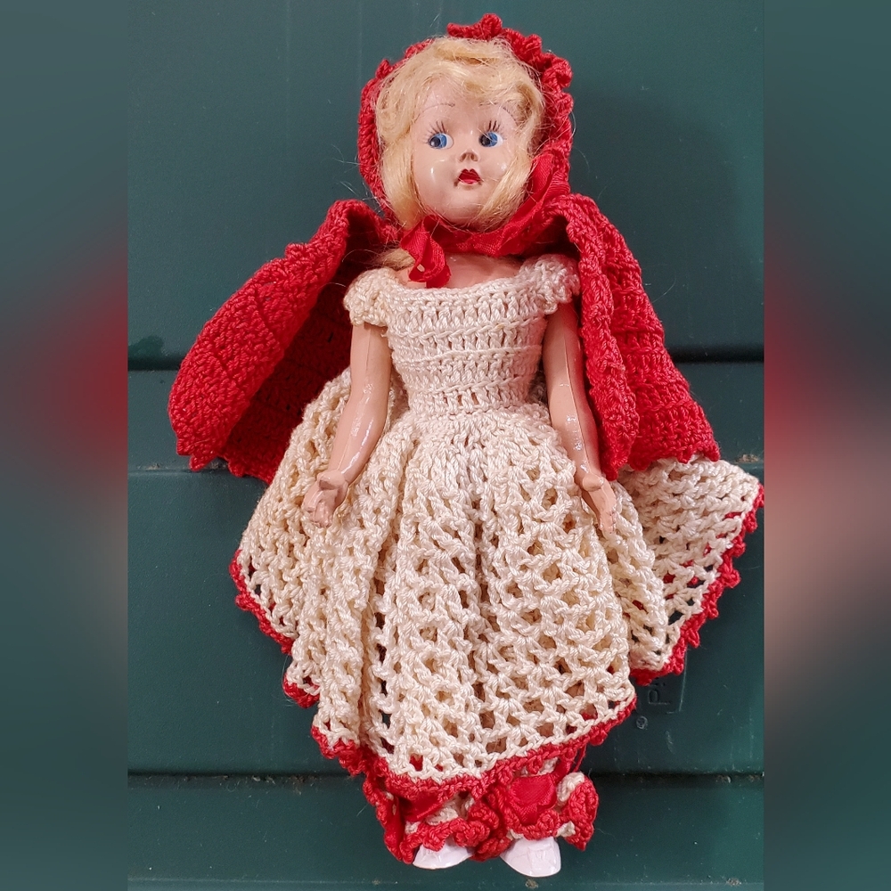 Vintage Little Red Riding Hood with Magnificently Hand Crochet outfit. 8" tall.